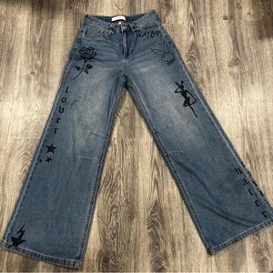 PLAYBOY Dark Blue Wide Leg Jeans with Black Graphics